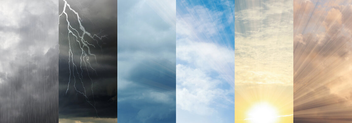 Eine Collage, die verschiedene Wetterbedingungen zeigt: starker Regen mit Blitz, bewölkter Himmel, bedeckt, teilweise bewölkt mit Sonnenstrahlen und strahlender Sonnenschein.