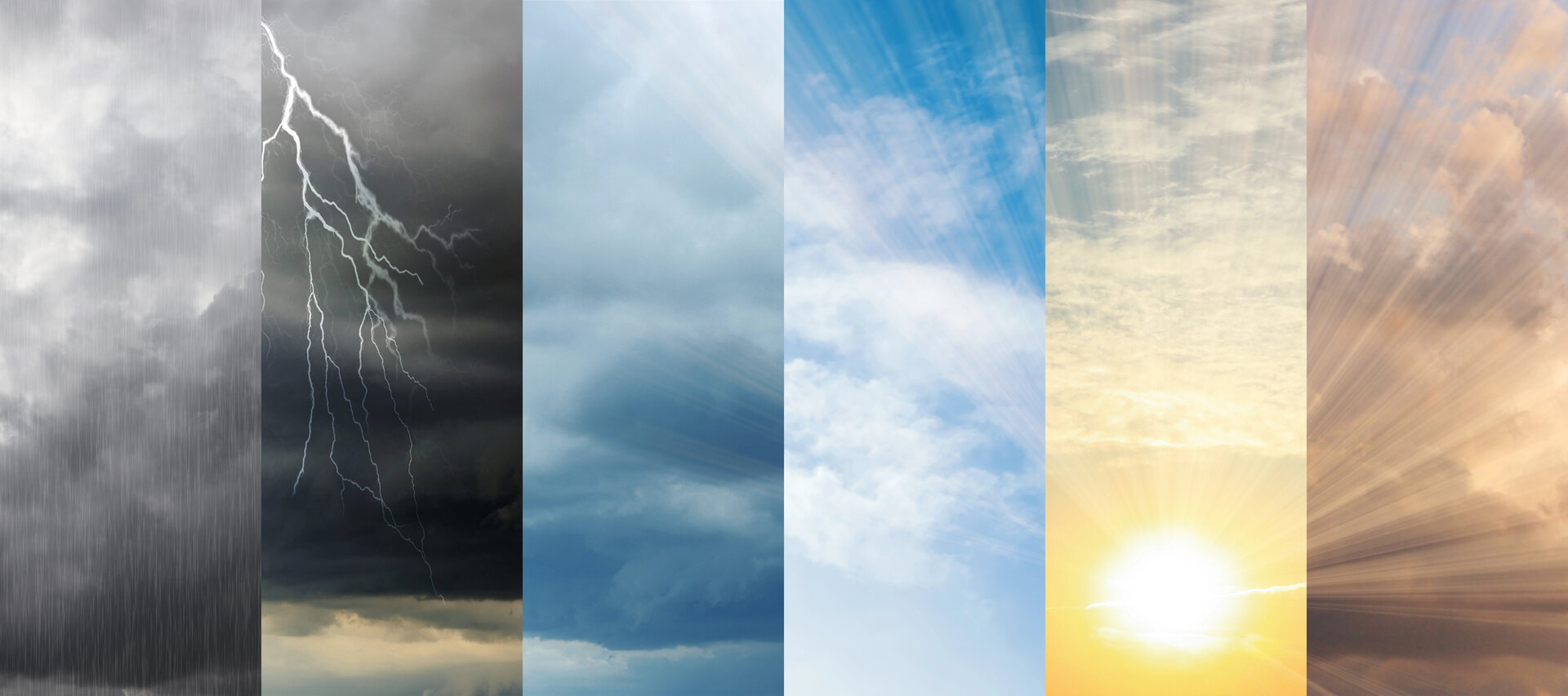 Eine Collage, die verschiedene Wetterbedingungen zeigt: starker Regen mit Blitz, bewölkter Himmel, bedeckt, teilweise bewölkt mit Sonnenstrahlen und strahlender Sonnenschein.
